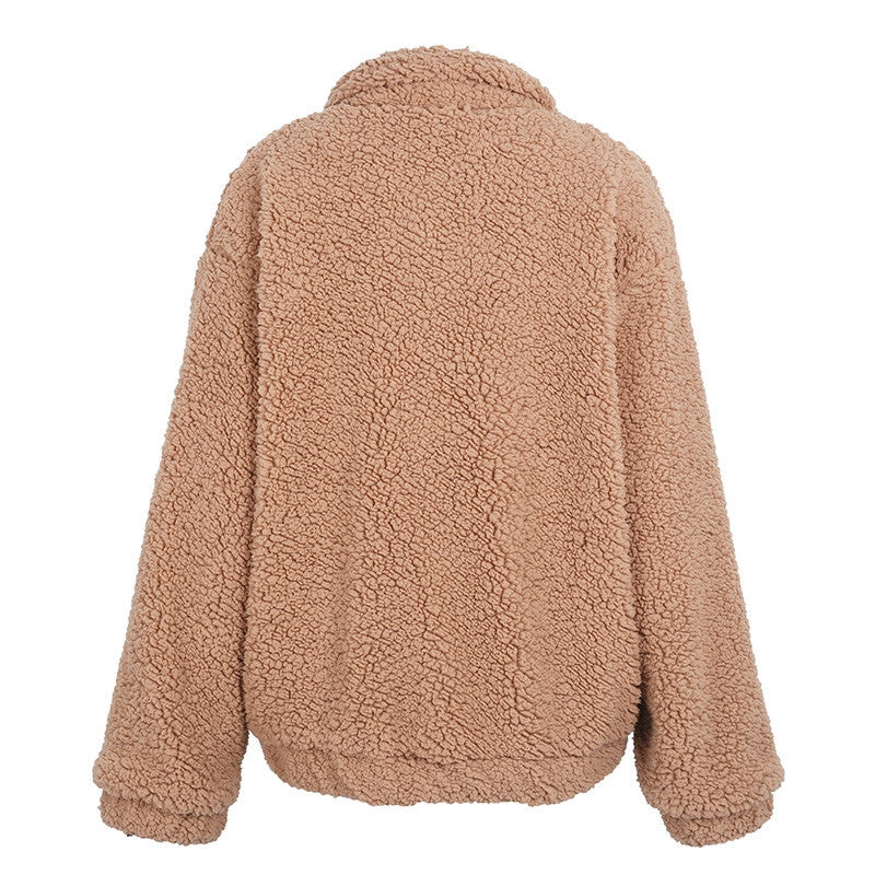 Faux lambswool oversized jacket coat Winter black warm hairly jacket Women autumn outerwear-3