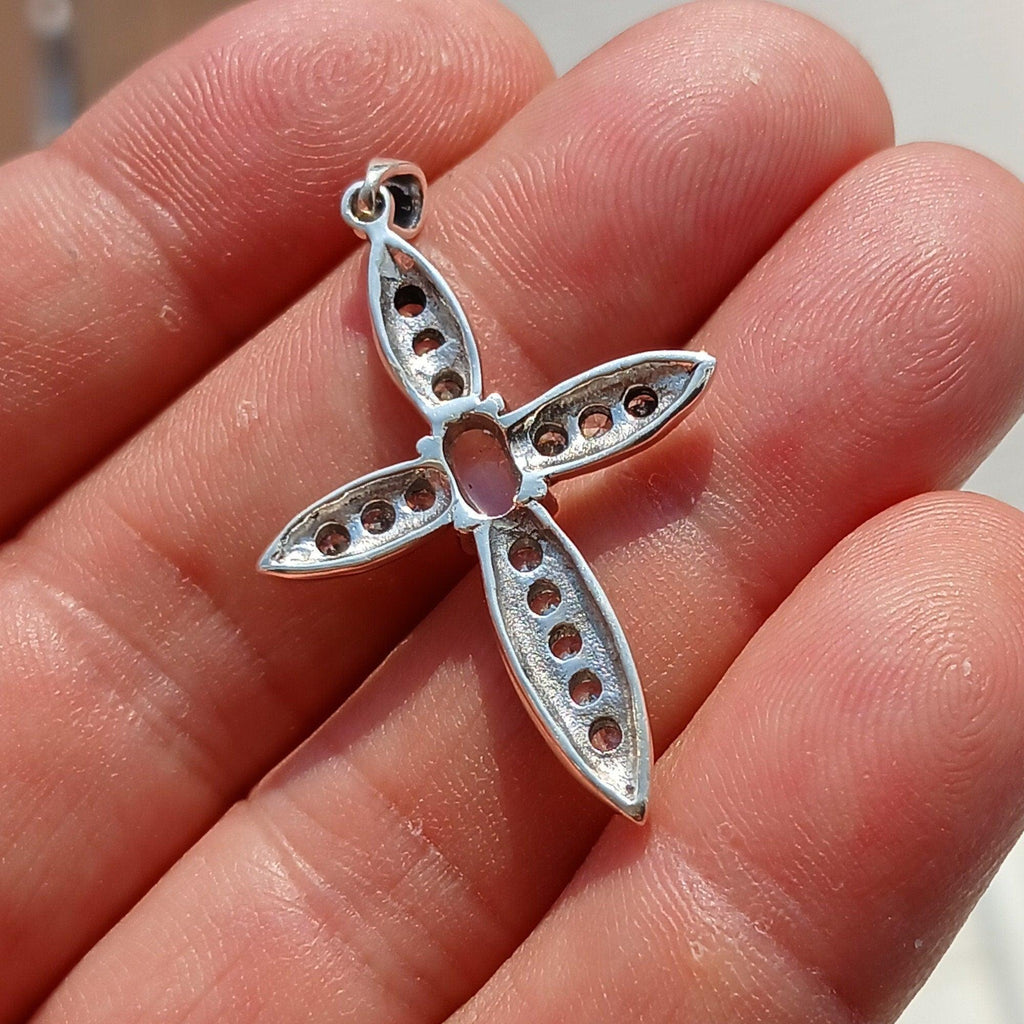 Moonstone Crucifix, Sterling Silver Pendant, Cross Amulet, Amulet Pendant, oval Ceylon Moonstone, 14 CZ, gift for her, moonstone necklace-1