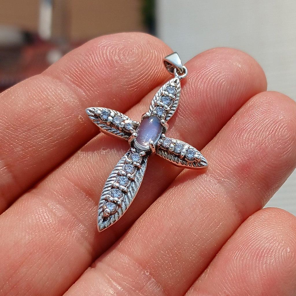 Moonstone Crucifix, Sterling Silver Pendant, Cross Amulet, Amulet Pendant, oval Ceylon Moonstone, 14 CZ, gift for her, moonstone necklace-3