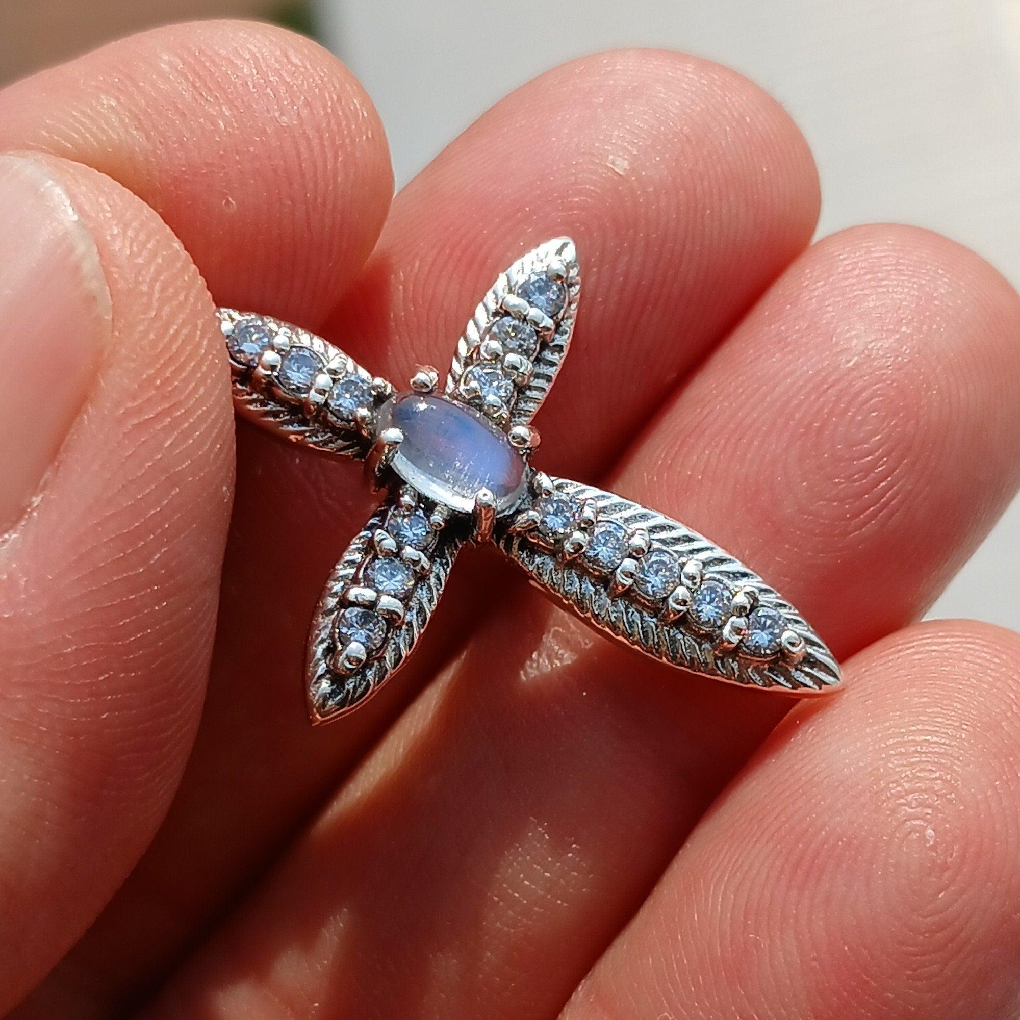 Moonstone Crucifix, Sterling Silver Pendant, Cross Amulet, Amulet Pendant, oval Ceylon Moonstone, 14 CZ, gift for her, moonstone necklace-2