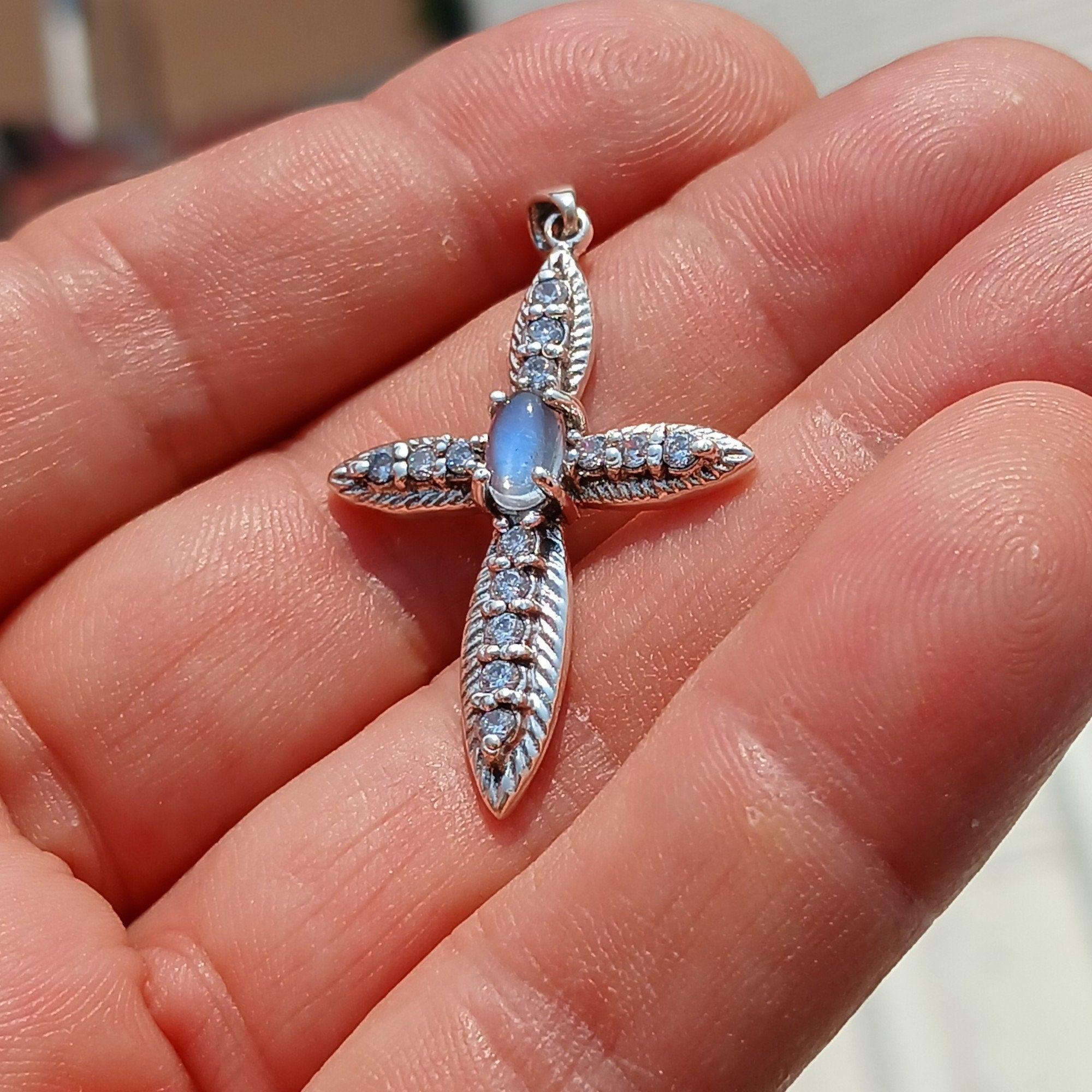 Moonstone Crucifix, Sterling Silver Pendant, Cross Amulet, Amulet Pendant, oval Ceylon Moonstone, 14 CZ, gift for her, moonstone necklace-0