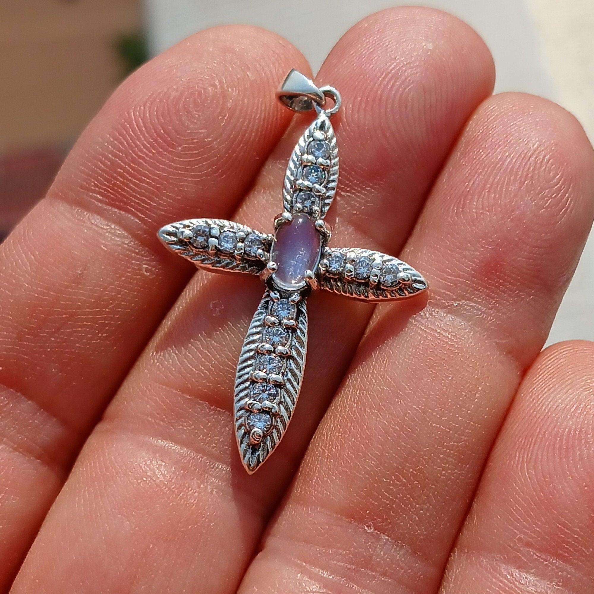 Moonstone Crucifix, Sterling Silver Pendant, Cross Amulet, Amulet Pendant, oval Ceylon Moonstone, 14 CZ, gift for her, moonstone necklace-4