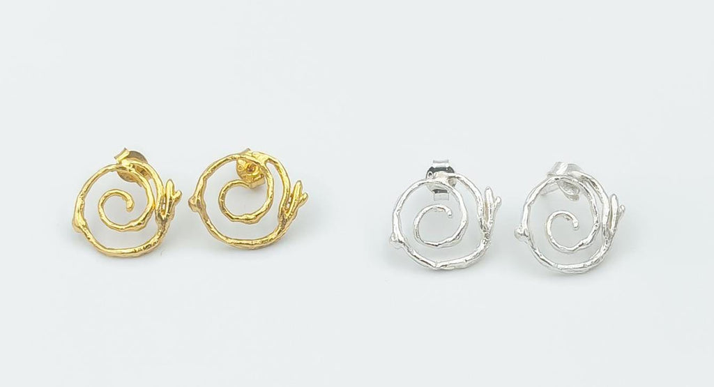 Sterling Silver Twig Earrings: Gold Plated Spiral Studs-0