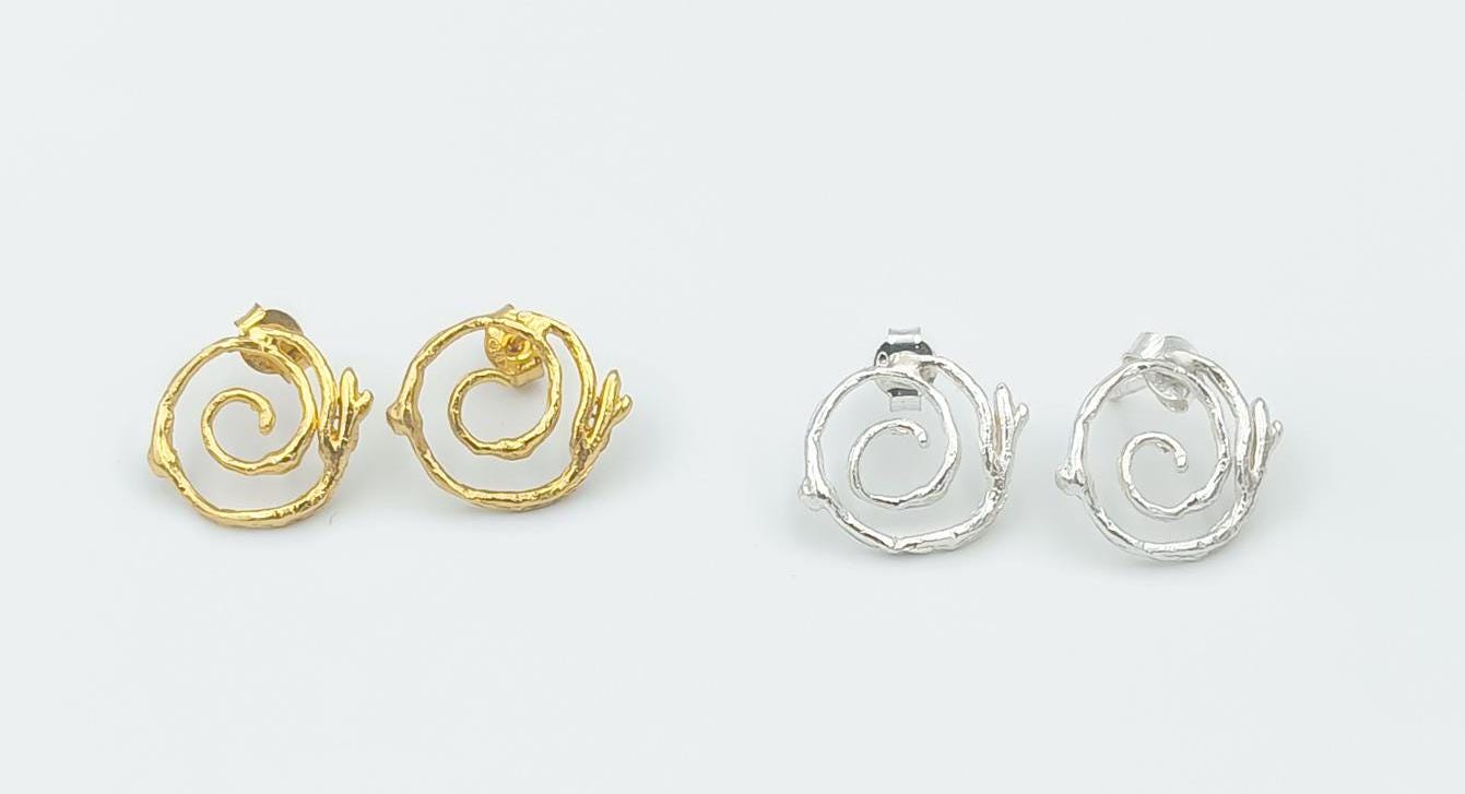 Sterling Silver Twig Earrings: Gold Plated Spiral Studs-0