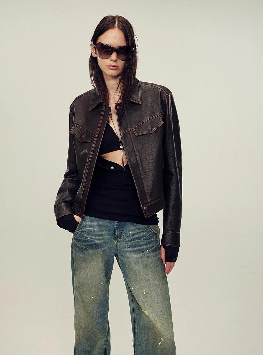 Women's imported first-layer suede sheepskin short autumn leather jacket-1