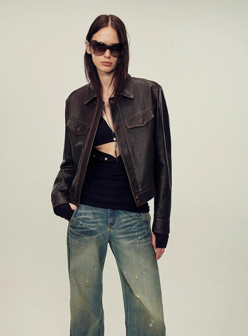 Women's imported first-layer suede sheepskin short autumn leather jacket-1