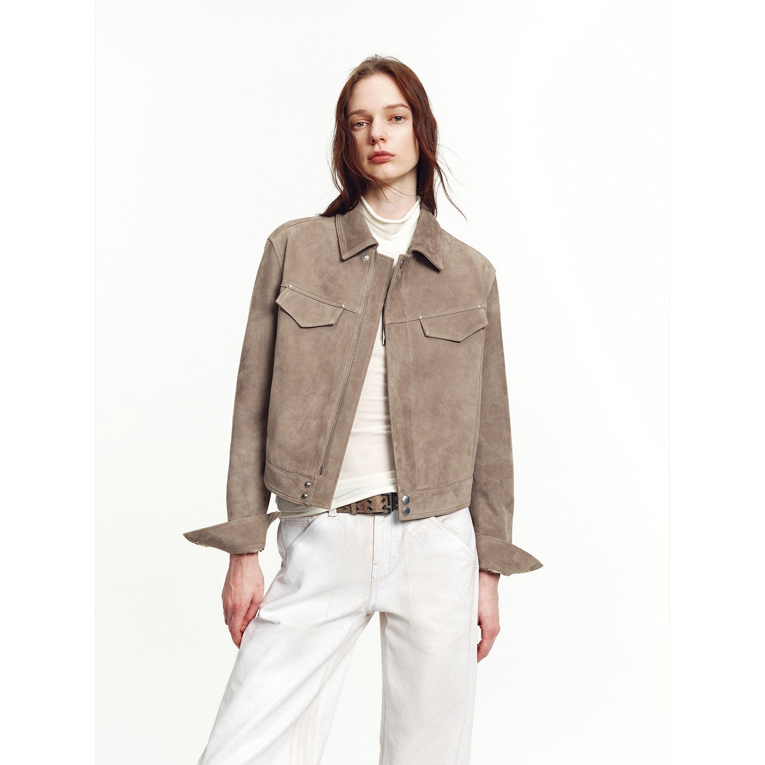 Women's imported first-layer suede sheepskin short autumn leather jacket-3