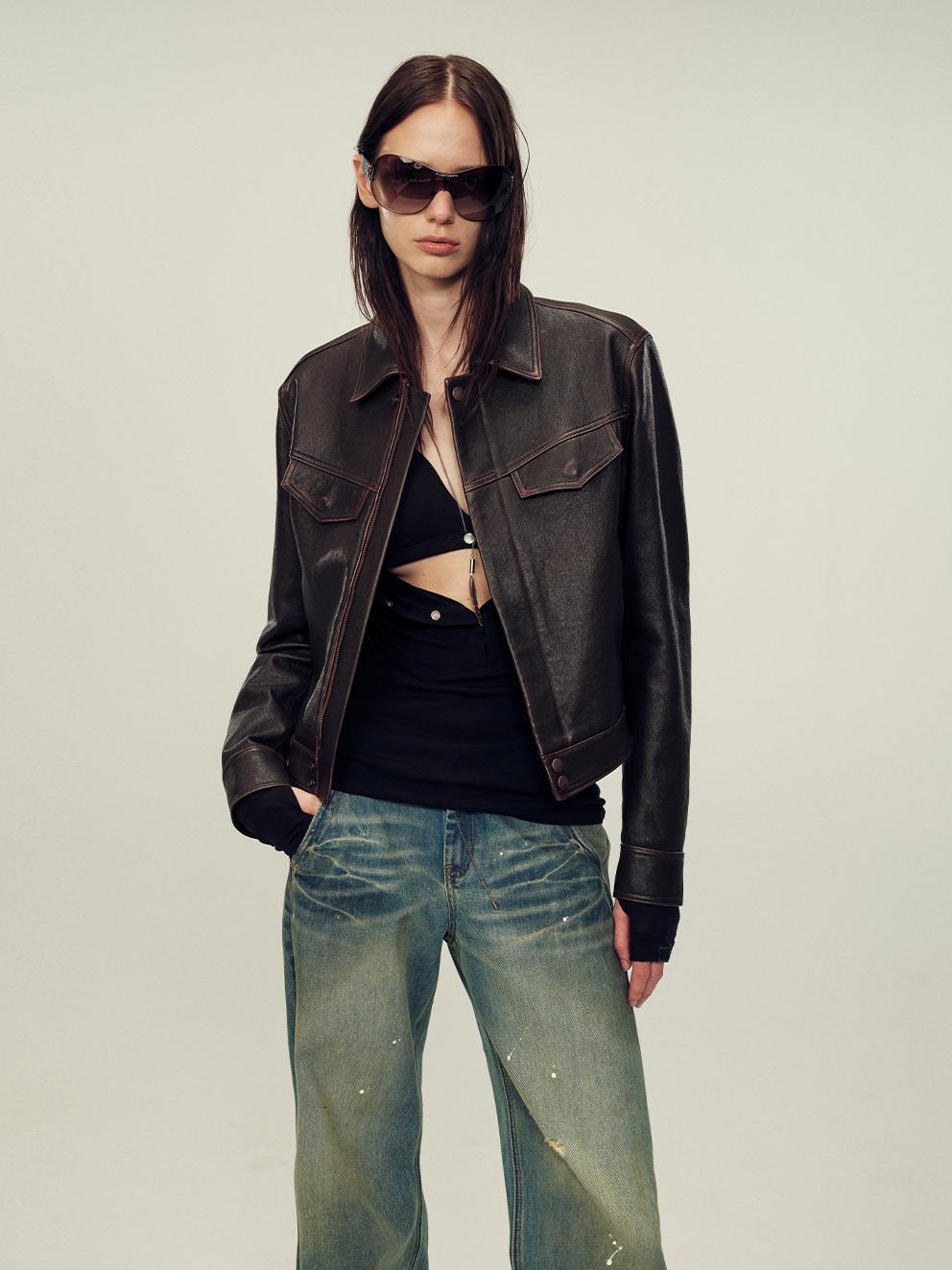 Women's imported first-layer suede sheepskin short autumn leather jacket-5