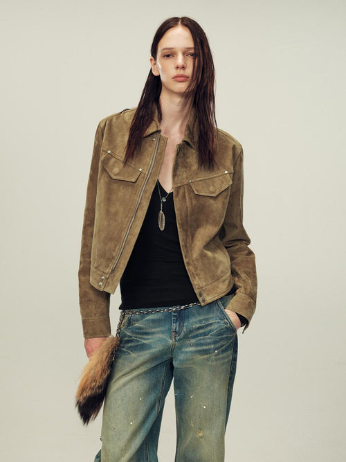 Women's imported first-layer suede sheepskin short autumn leather jacket-0